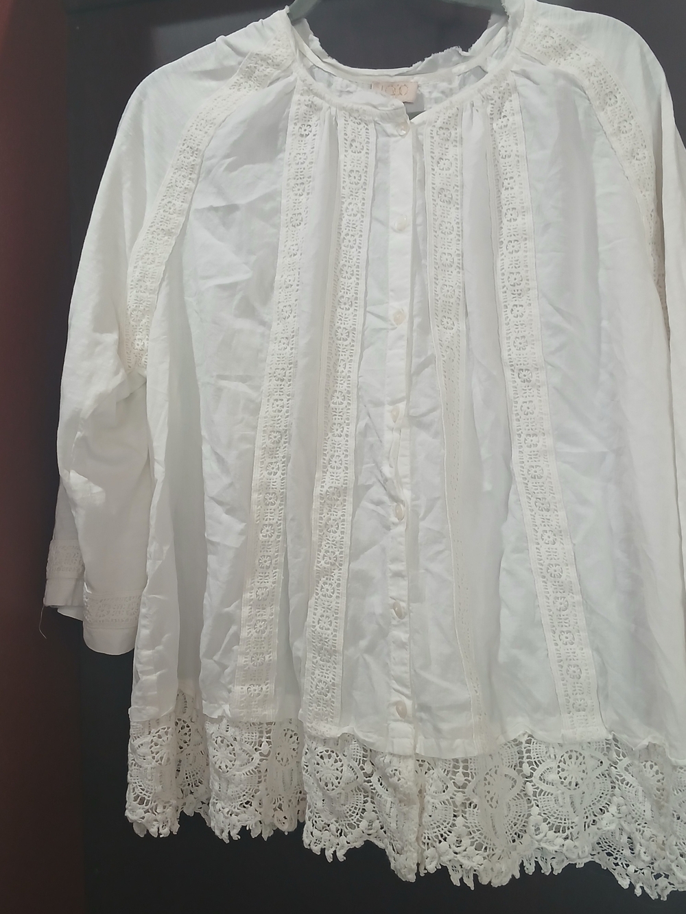 White Lace-Trim Button Front Women's Top
